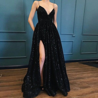 Black V-neck Prom party evening dresses formal pockets sexy side slit